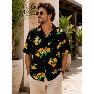 NWT Special Thanks Mens S Orange Novelty Button Front Camp Shirt Black Rayon